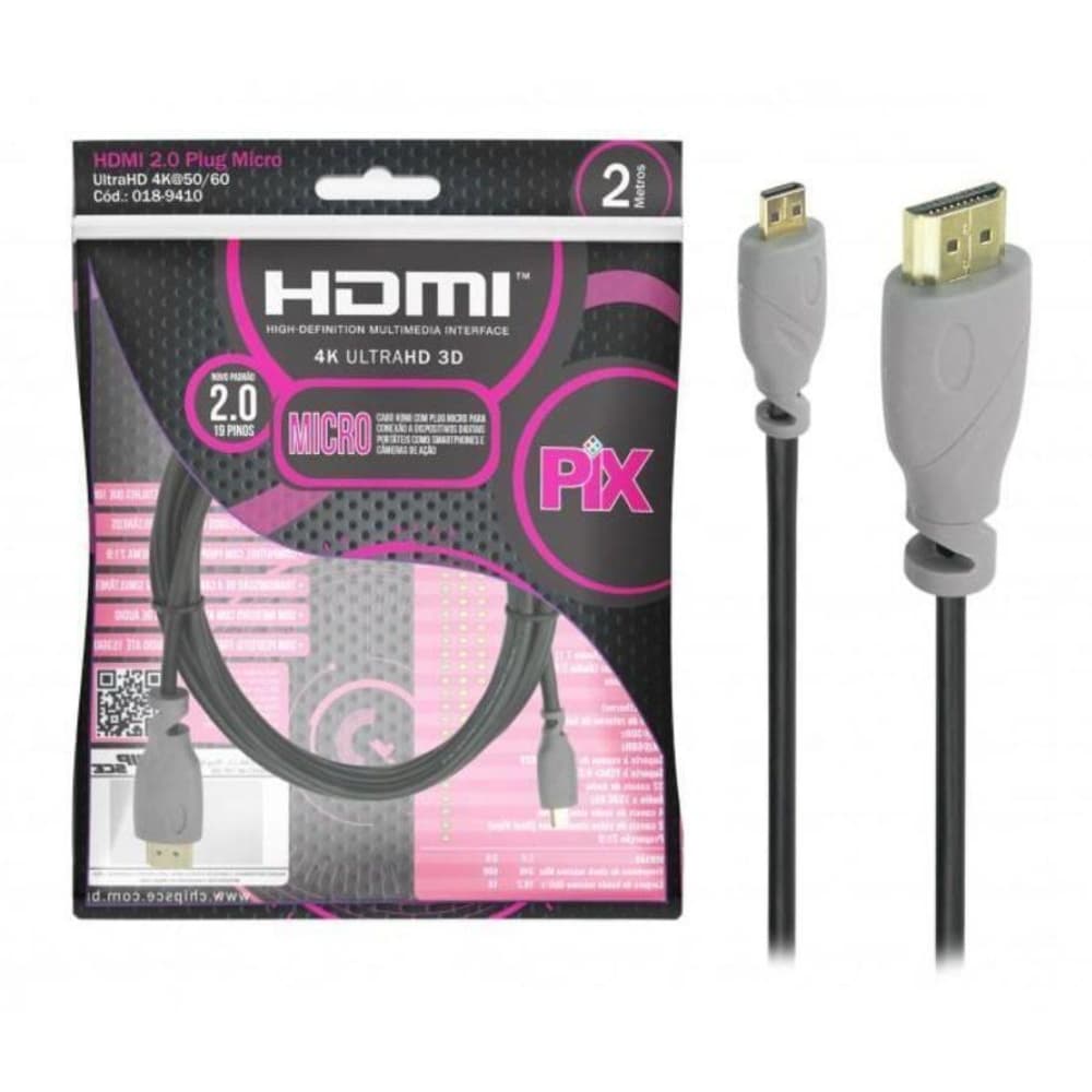 CABO MICRO HDMI X HDMI 2.0 4K 19P 2 METROS PIX