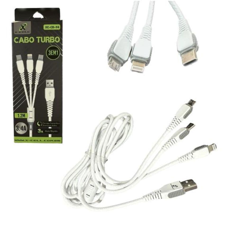 CABO CELULAR 3 EM 1 XC-CD-94 TURBO 3.4A 1.2M X-CELL