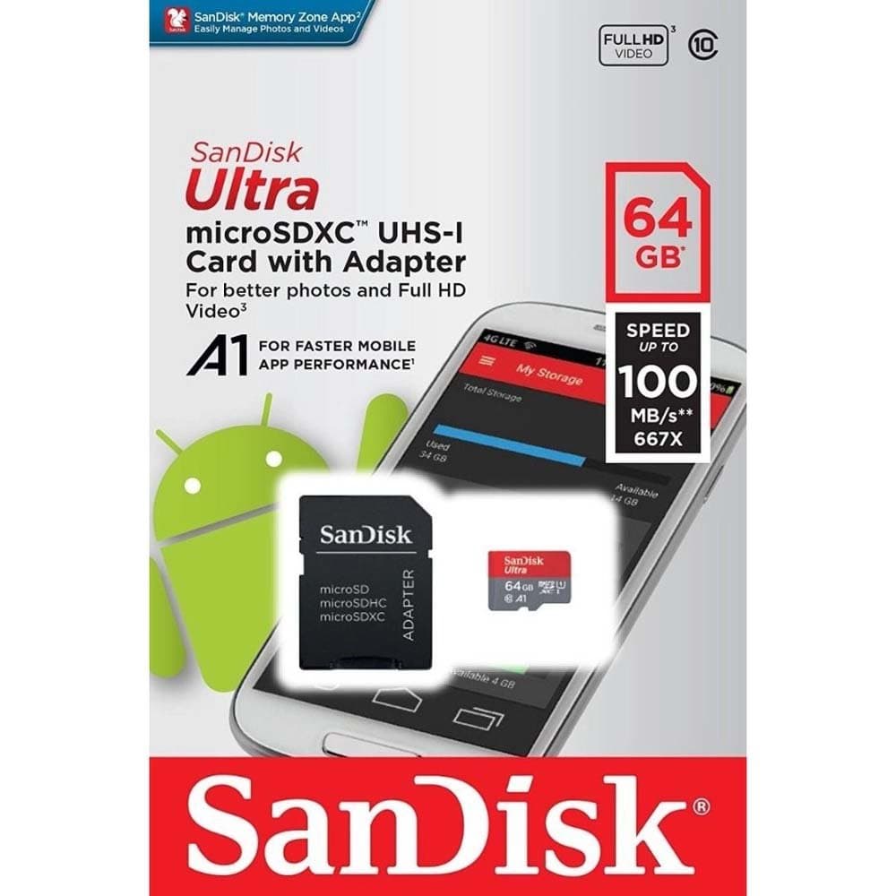 MICRO SD 64GB SANDISK CLASSE 10 ULTRA COM ADAPTADOR 100MB/S 2X1