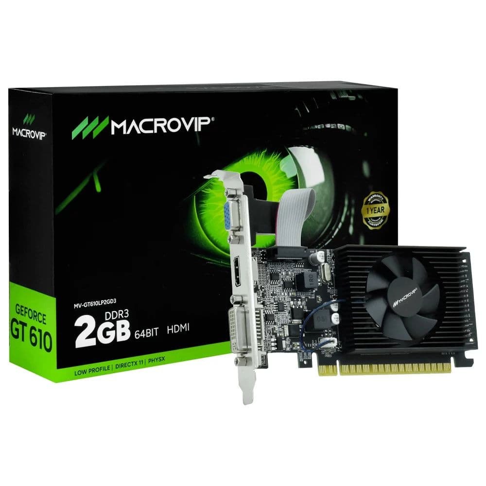 PLACA DE VÍDEO 2GB GT610 MACROVIP DDR3 VGA/DVI/HDMI